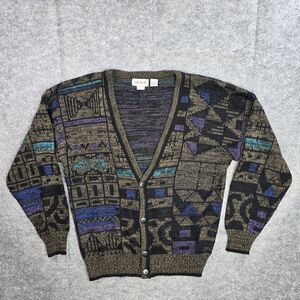 Vintage Campus Sweater Mens Large Multicolor Cardigan Geometric Knit Button 90s